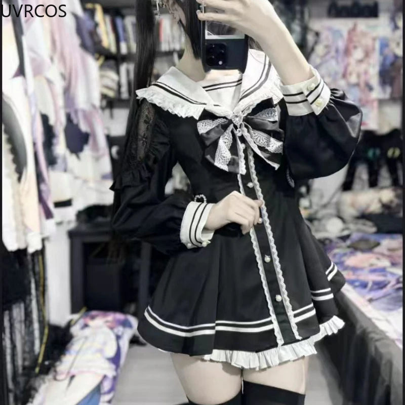 Hnewly DRESS TO IMPRESS Japanese Style Gothic Y2k Lolita Bow Dress Shorts Set Women Vintage Sweet Long Sleeve Button Shirt Party Dresses Slim Mini Dress