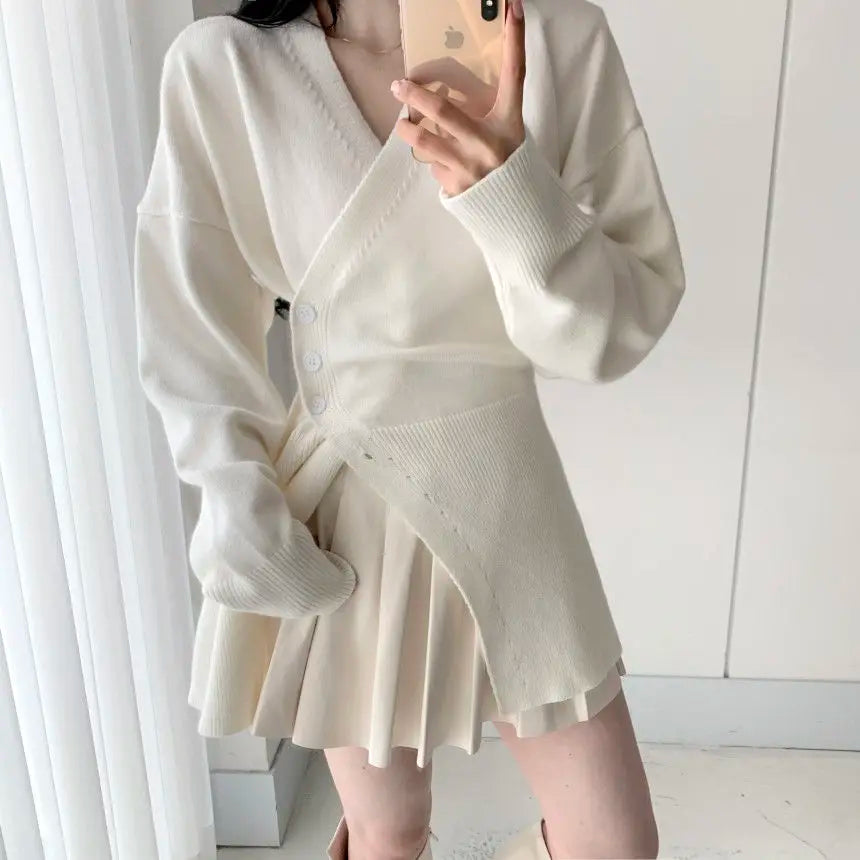 Hnewly Women Clothing Knitted Bottom White Sweater for Women Autumn/Winter High end Irregular Split Waist and Slimming V-neck Sweaters