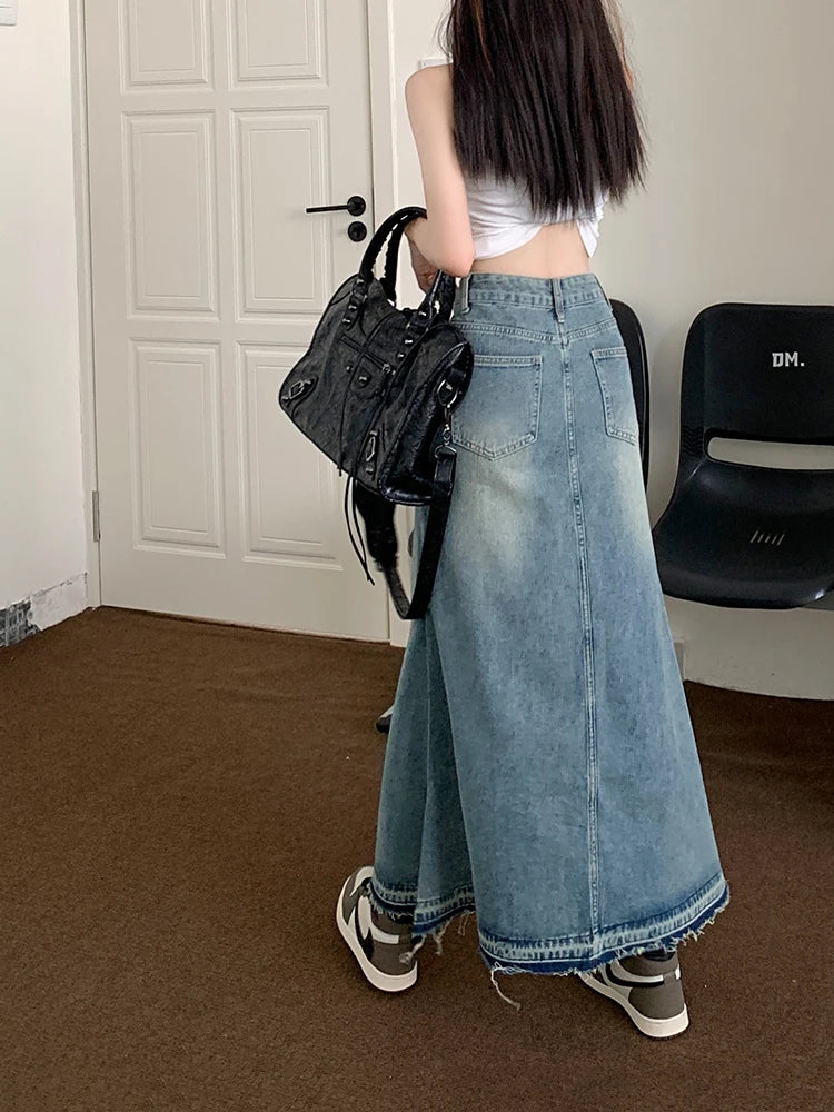 Hnewly Y2k Raw Edge Stitch Maxi Denim Skirt Plain Casual High Waist Long Jeans Skirt Korean Dongdaemun Retro Women Streetwear