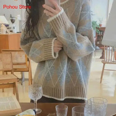 Hnewly comfy outfits winter Winter Argyle Loose Knitted Sweater Pullovers Sweater Korean College Style Women Jumper