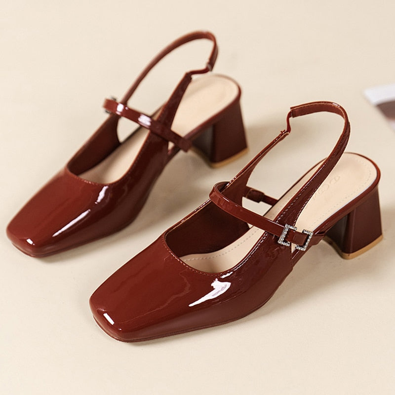 Hnewly High Heels Mary Jane Sandals Women Summer Red Patent Leather Slingbacks Pumps Woman Square Toe Thick Heeled Shoes Ladies