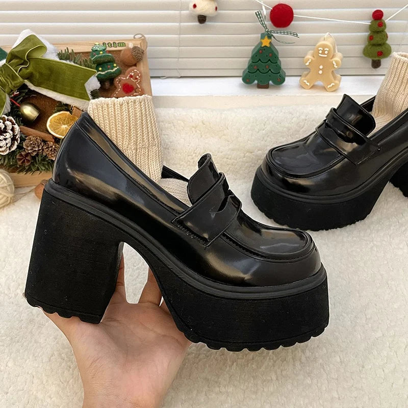 Hnewly Hot Sale High Heels Loafers Women Shoes Retro Chunky Heels Pumps Woman Uniform College Platform Mary Jane Shoes Ladies