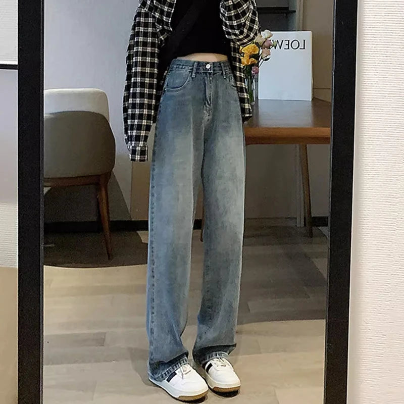 Hnewly Woman Vintage Wide Leg Jeans Girls High Waist Pants Female Fashion Black Black Grey Retro Blue Light Blue Pink Denim Trousers