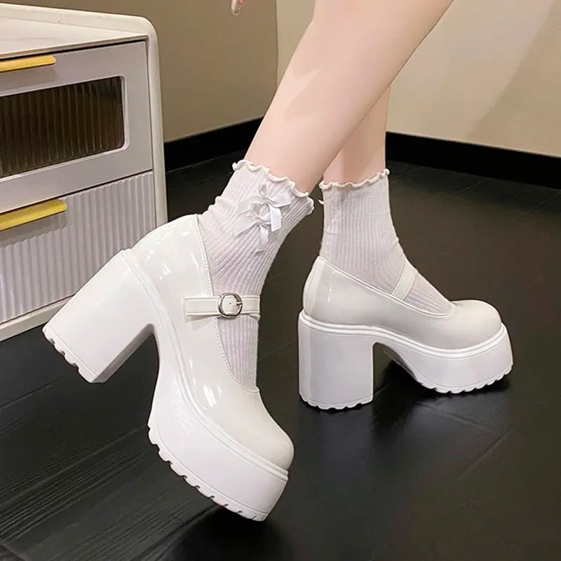 White Platform Pumps for Women Super High Heels Buckle Strap Mary Jane Shoes Woman Goth Thick Heeled Party Shoes Ladies