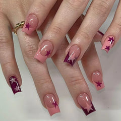 Hnewly Nude Color Press on Nails Red Five-pointed Star Designs Short Square Fake Nails Patches Y2K Girls Simple Charms Manicure