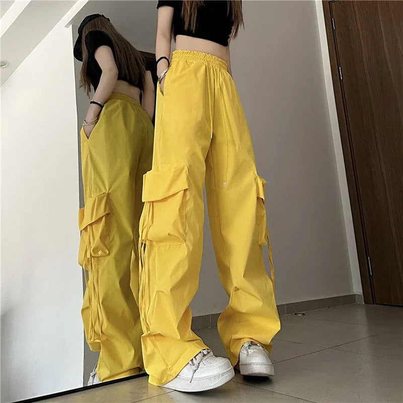 Hnewly Hip Hop Cargo Pants Women Jazz Black Big Pockets Streetwear Trousers High Waisted Solid Fashion Harajuku Y2K Wide-Legged Pants