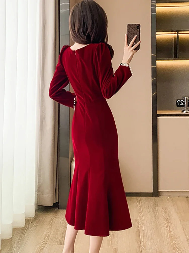 Hnewly Women Red Velvet Elegant Christmas Dress Autumn Winter Chic Diamonds Square Collar Luxury Dress Korean Vintage Night Dress