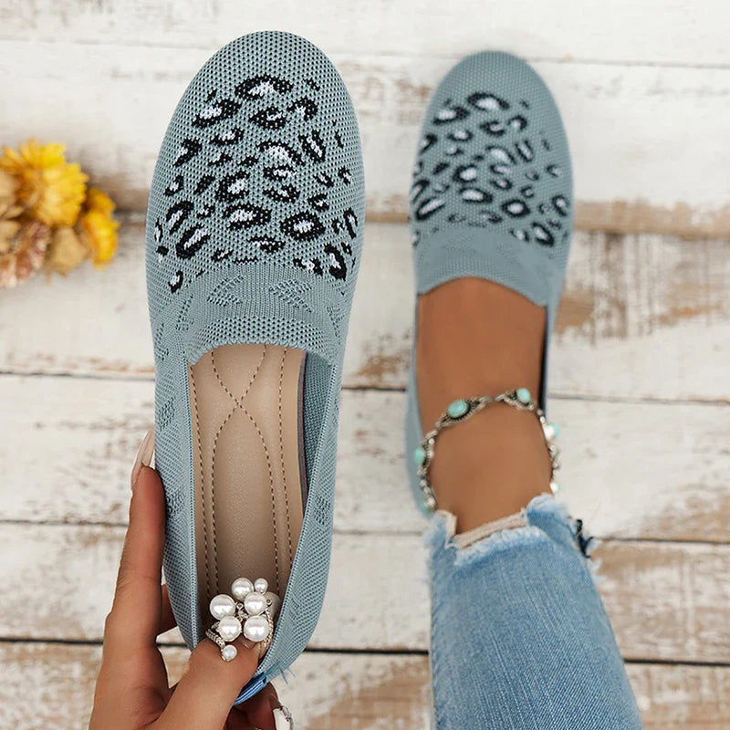 Hnewly Leopard Prints Knitted Loafers Women Breathable Mesh Shallow Flats Shoes Woman Lightweight Casual Slip-On Walking Shoes