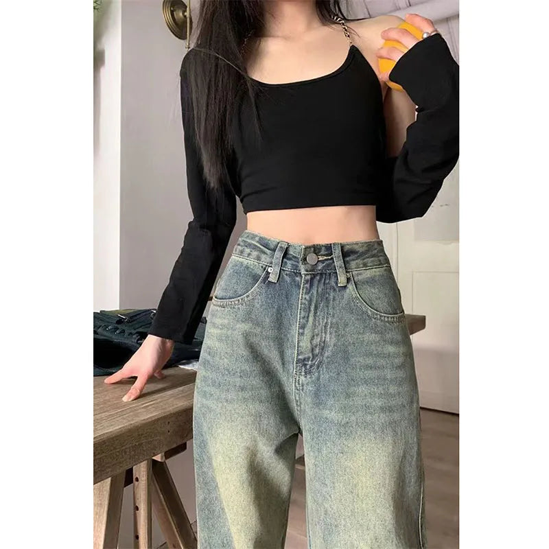 Hnewly Vintage Wide Leg Jeans for Women Streetwear High Waist Loose Straight Denim Pants Female 2024 Spring Wild Casual Trousers