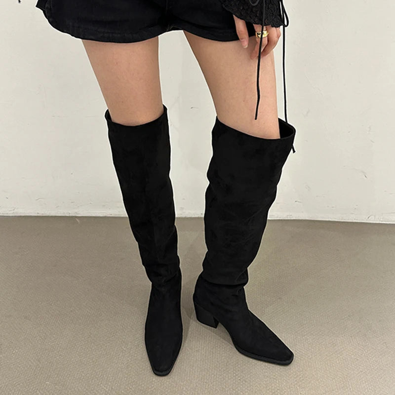 Hnewly Designer Vintage Women Knee High Boots Fashion Slip On Long Booties Autumn Winter Thick Heels Ladies Shoes