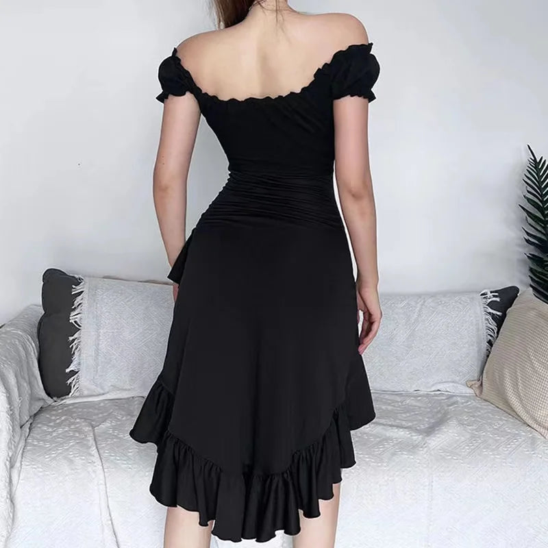 Hnewly Summer Black A-LINE Dress Women Streetwear Sexy Off Shoulder Short Sleeves Ruffled Mid Length Dresses Club Elegant Partywear