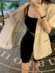 Hnewly Retro Suit Collar Single Breasted Women Short Sleeved Korean Chic Casual Slim Jacket Female Cotton Linen Jacket Top 2024 Summer