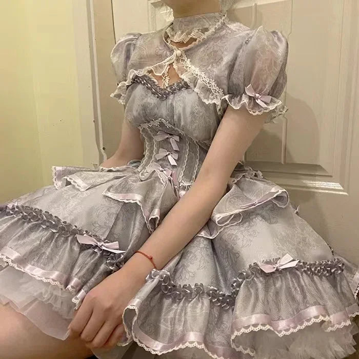 Hnewly Sweet Lolita Princess Dress Women Sweet Bow Ruffles Evening Party Mini Dress Japanese Harajuku Retro Kawaii Y2k Vestidos