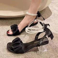 Hnewly Comfort Shoes for Women Block Heels Pearl Sandals Med Suit Female Beige All-Match Chunky Girls Medium Clear Black Gladiator