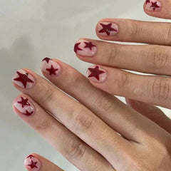 Hnewly Nude Color Press on Nails Red Five-pointed Star Designs Short Square Fake Nails Patches Y2K Girls Simple Charms Manicure