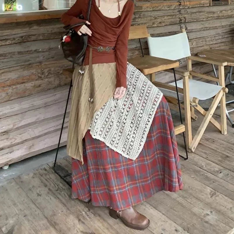 Hnewly Vintage Long Skirt Women Japanese Style Patchwork Plaid Skirts Harajuku Loose Street Casual Ruffle Skirts Aesthetics