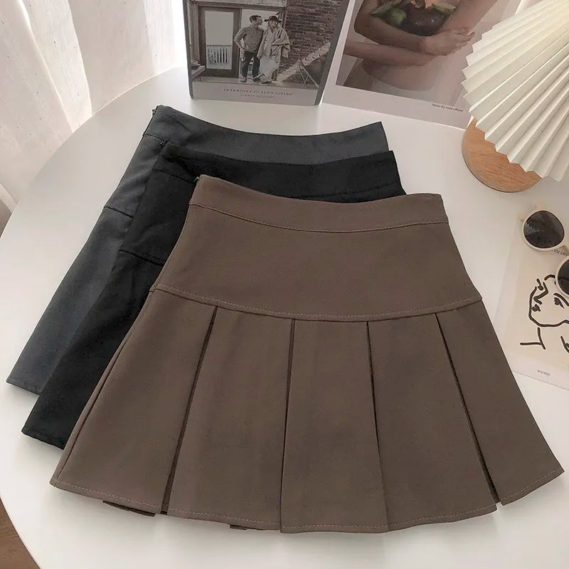 Hnewly Vintage Brown Pleated Skirt Women Spring Summer Korean Style Y2K High Waisted A-line Mini Skirts Preppy Style Girls Causal