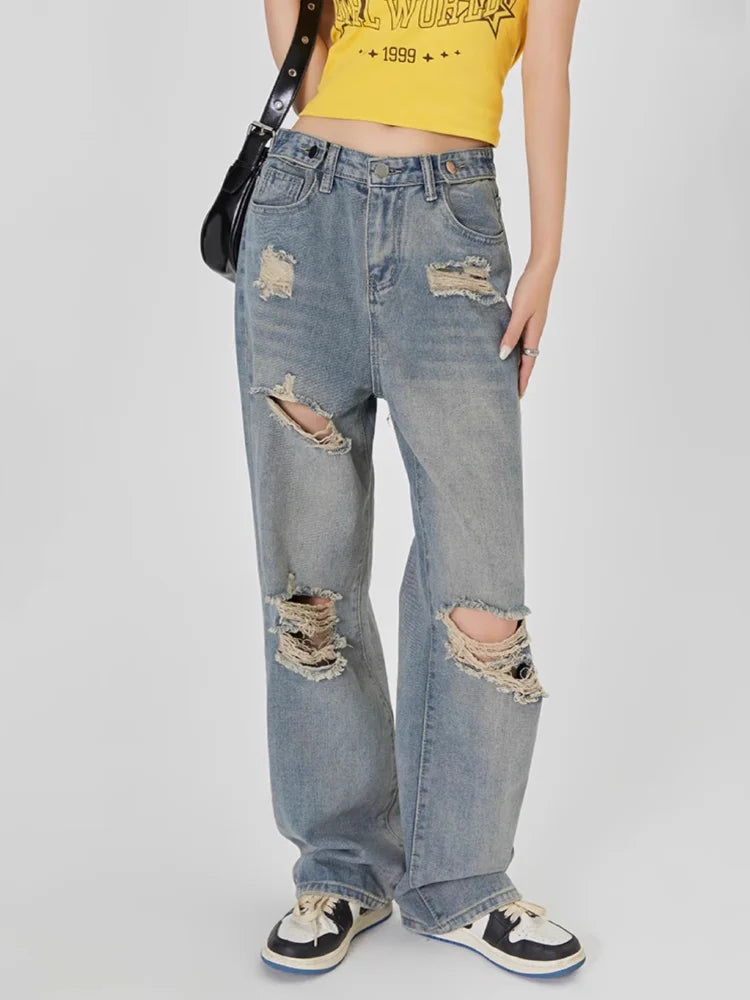 Hnewly Vintage Y2K Ripped Jeans Women Blue High Waist Straight Loose Denim Trousers Wide Leg Pants Streetwear Oversize