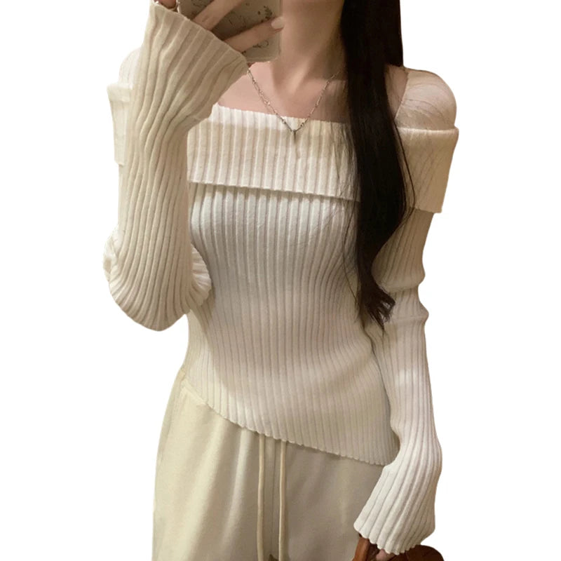 Hnewly Women Knitted Sweater Solid Color Square Collar Long Sleeve Asymmetrical Hem Crop Top y2k Aesthetic Clothing Streetwear