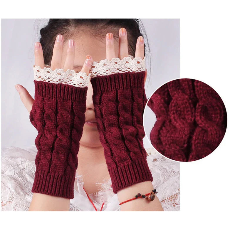 Hnewly New Lace Fingerless Gloves Women's Gloves Winter Warm Cute Student Writing Typing Half Finger Acrylic Knitted Glove Mittens y2k