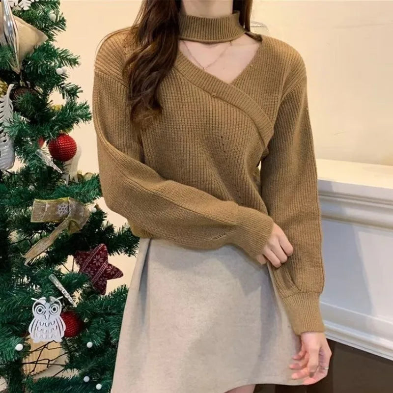 Hnewly Women Christmas Sweater Autumn Winter Long Sleeved Sweater  Warm V-neck Off Shoulder