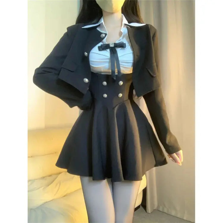 Hnewly trashy outfits Spring New College Style JK Uniform Women Set White Shirt High Waist Slim Short Skirt Short Jacket Spicy Girl Three Piece Set