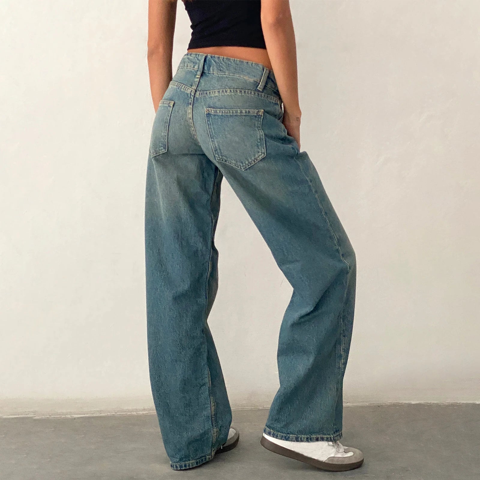 Hnewly Women Vintage Aesthetic Y2k Low Rise Baggy Jeans Loose Fit Boyfriend Straight Wide Leg Jeans Trendy Stretch Long Denim Pants