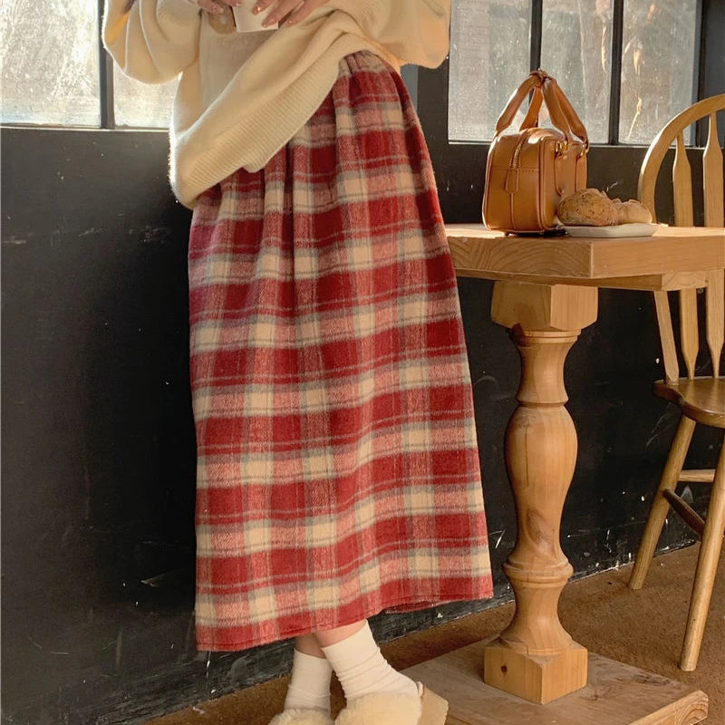 Hnewly Preppy Style Wool Long Skirt Vintage Kawaii Sweet Korean Fashion Plaid Skirts Cute Autumn Winter Patchwork Midi Skirts