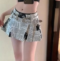 Hnewly American Printed Pleated Skirts Autumn New Low Waisted A-line Skirt for Women Y2k Grunge Faldas Mujer Newspaper