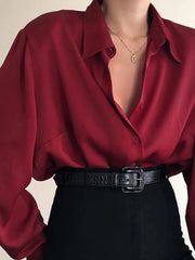 Hnewly Women Button Blouses Turn Down Collar Shirts Office Lady Long Sleeve Casual Blouse Loose OL Shirt Baggy Tops Red/Wine Red /Black