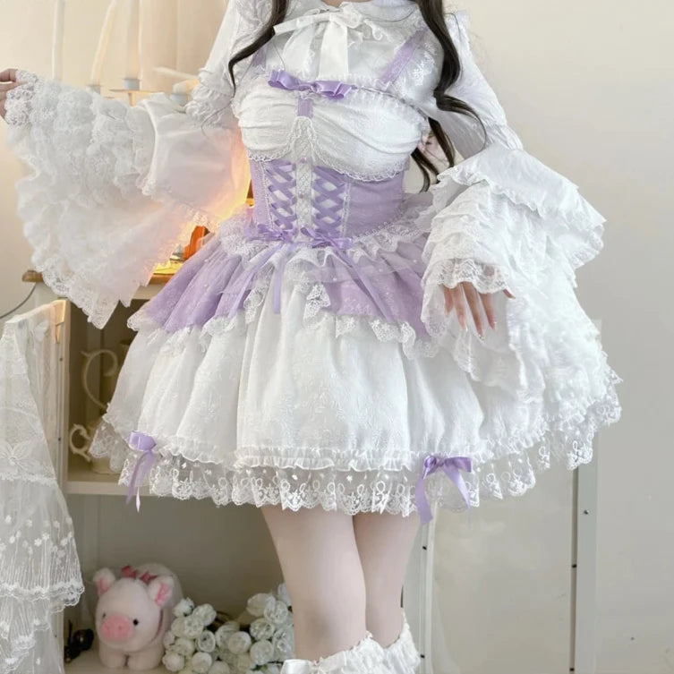 Hnewly Japanese Sweet Lolita Jsk Dress Women Elegant Ruffles Lace Bandage Princess Strap Dresses Girls Y2k Kawaii Tea Party Mini Dress