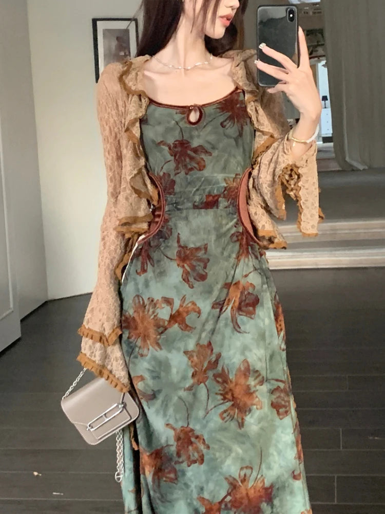 Vintage Elegant Floral Slip Dress Women Hollow Out Designer Korean Velvet Long Dress Female Autumn Matching Two Piece Dress Set