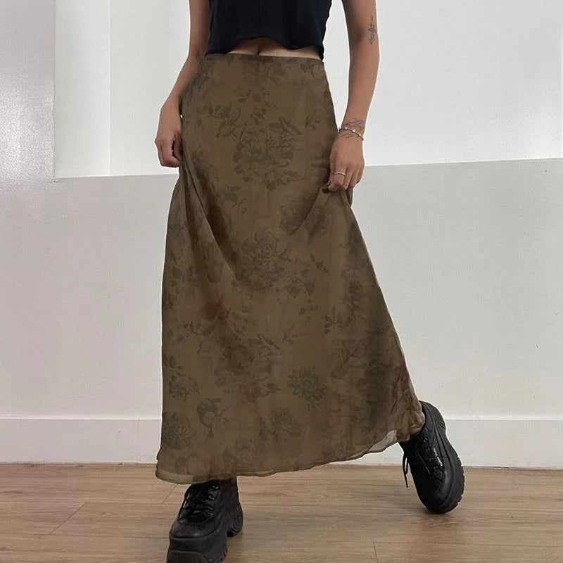 Hnewly Vintage Long Skirt Women Floral Print Low Rise Ladies Midi Skirts Y2K High Street Retro Aesthetic Casual Mesh Skirts