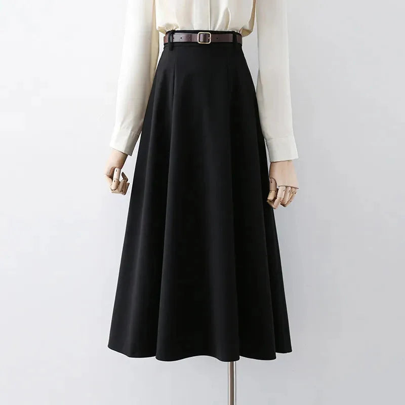 Hnewly long skirt outfit winter Vintage Belt Woolen Midi Skirt Women Black Pleated Skirts Fall Winter Ladies Korean Elegant High Waist All Match A Line Skirt