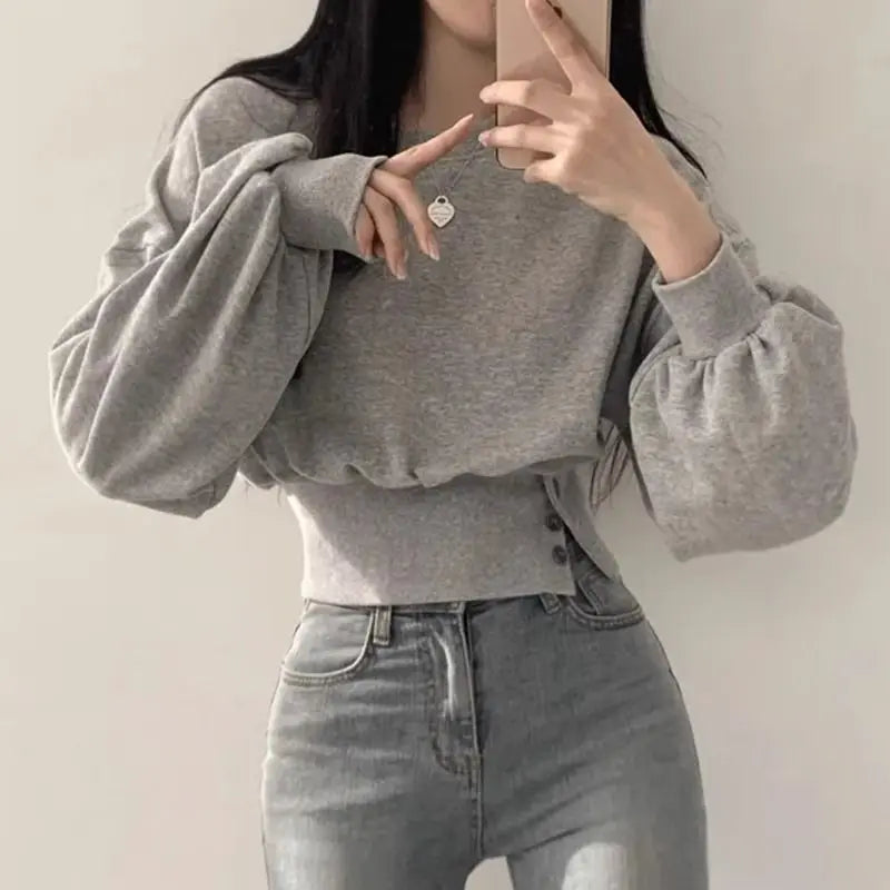 Hnewly Korean Chic Autumn Round Neck Buckle Waist Slimming Long Sleeve Short Pullover Women Hoodie Top Gray Sweatshirt Women Clothing