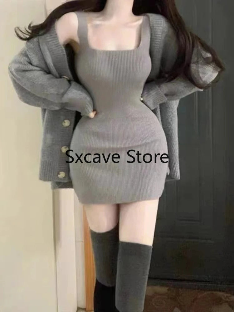 Hnewly Gray 2 Piece Dress Set Women Casual Long Sleeve Cardigan + Bodycon Strap Sweater Dress Evening Party Knitted Suit