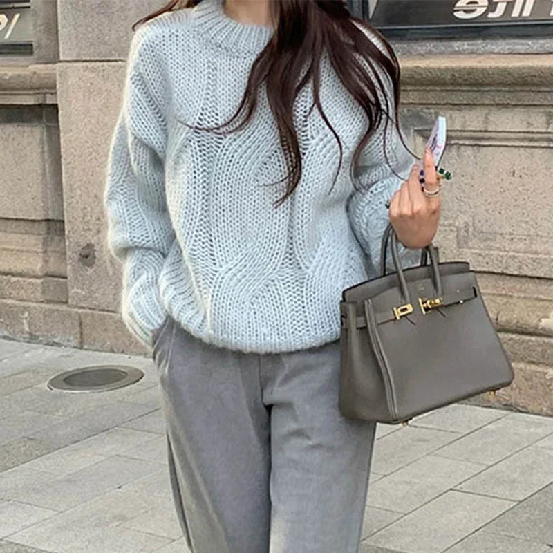 Hnewly Women Sweaters y2k Clothes Solid Color Round Neck Long Sleeve Cable Knitted Pullover Tops 2000s Clothing Streetwear