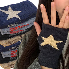 Hnewly Autumn Winter Knitted Woolen Gloves Ins Fashion Y2K Men Women Half Finger Warm Five Pointed Star Fingerless Gloves Unisex