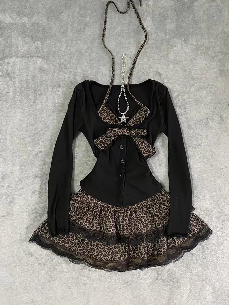 Hnewly Autumn Winter Sexy Leopard Print Skirt Suit Women Fake Two Piece Tops + Lace Cake Skirt Set Japanese Y2k Bow Sets 2000s Clothing