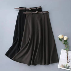 Hnewly long skirt outfit winter Vintage Belt Woolen Midi Skirt Women Black Pleated Skirts Fall Winter Ladies Korean Elegant High Waist All Match A Line Skirt