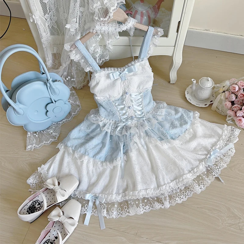 Hnewly Japanese Sweet Lolita Jsk Dress Women Elegant Ruffles Lace Bandage Princess Strap Dresses Girls Y2k Kawaii Tea Party Mini Dress