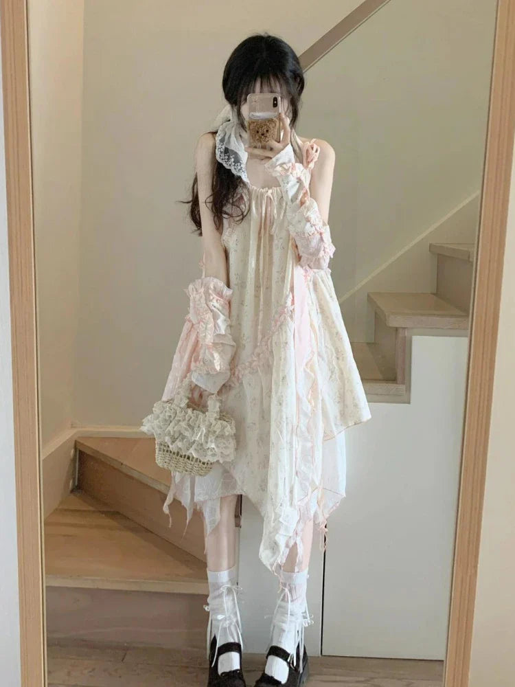 Hnewly cute winter outfits Asymmetrical Sweet Floral Kawaii Midi Dress Women Ruffles Patchwork Korean Party Dresses Female Casual Evening Beach Strap Dress