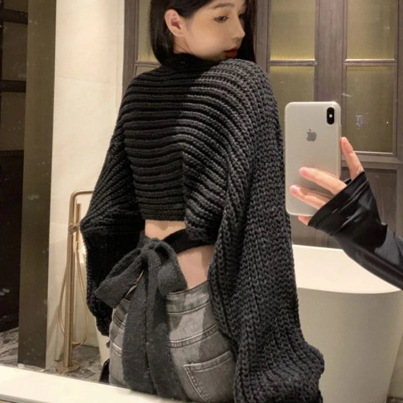 Hnewly Sexy Vintage Knitted Pullover Women Black Sweater Lace Up Crop Tops Korean Style Long Sleeve Pullovers Solid Aesthetics