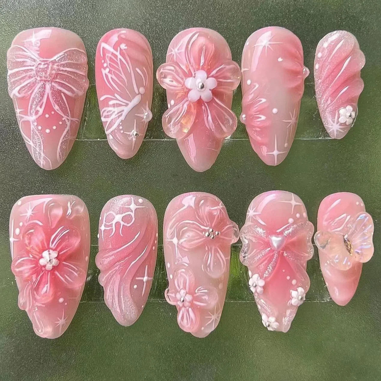 Hnewly 24pcs Sweet False Nail Patches Detachable Fake Nail Tips With Bowknots Love Heart Pearl Design Pink Almond Korean Press On Nail