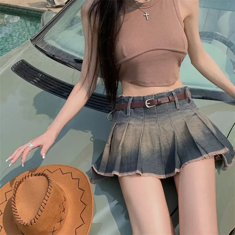 Hnewly Vintage Spicy Girl Denim Skirts Women's y2k Skirt High Waist Goth Skirt Slim A Line Ruffled Short Skirt Fashion Summer Jeans