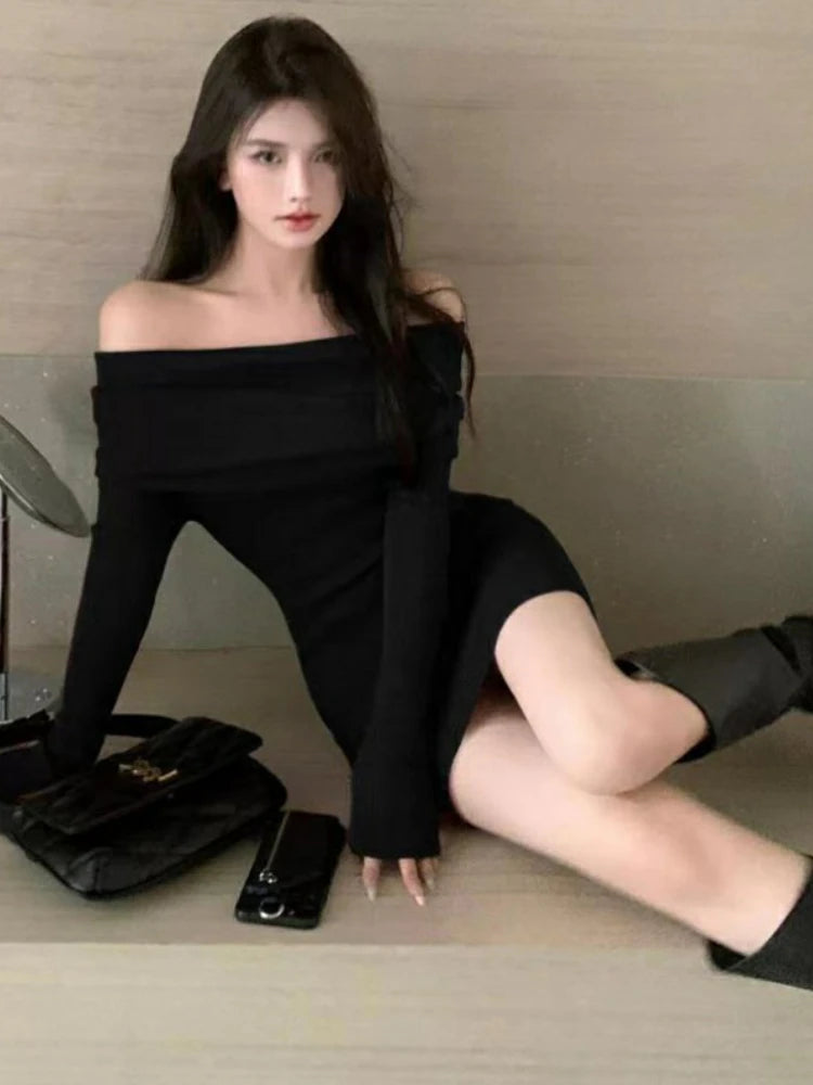 Hnewly Christmas Oufits Sexy Dresses Women Backless Knitting Slim Y2k Girls Tender Korean Style Soft Casual Autumn Slash Neck Hotsweet Cozy New Clubwear