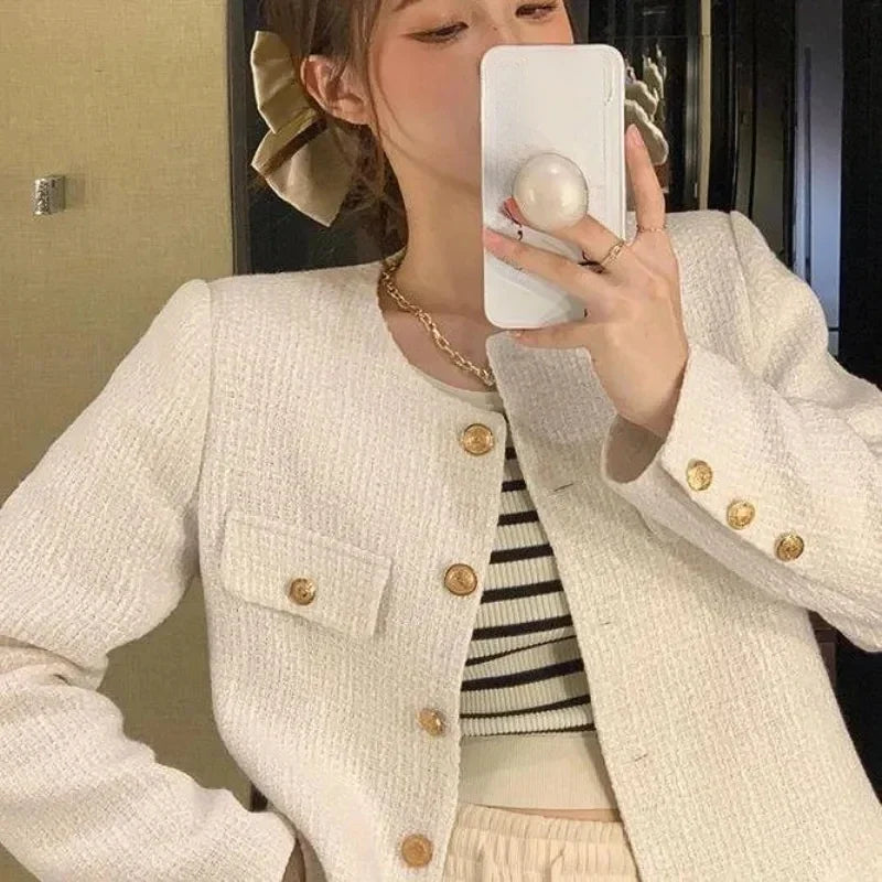 Hnewly outfit inspo winter Wool Coat Women Jacket Short Autumn Winter Cardigan Long Sleeve Top Single Breasted Tweed Versatile Wool Top Full Sleeve