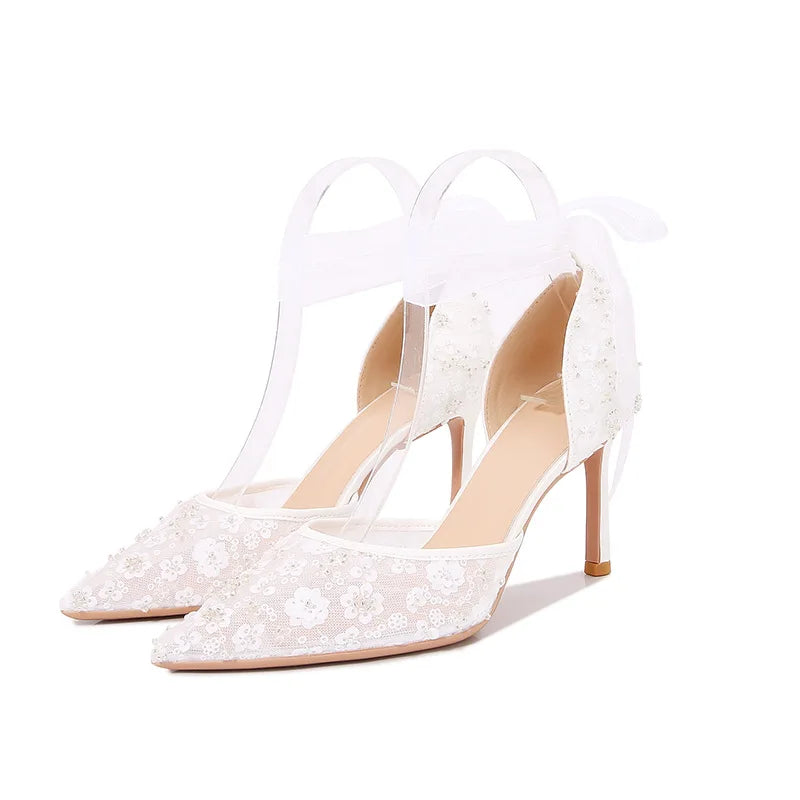 Hnewly Size 33-42 Summer Beaded Women White Wedding Shoes Ankle Strap Pointed High Heel Pumps