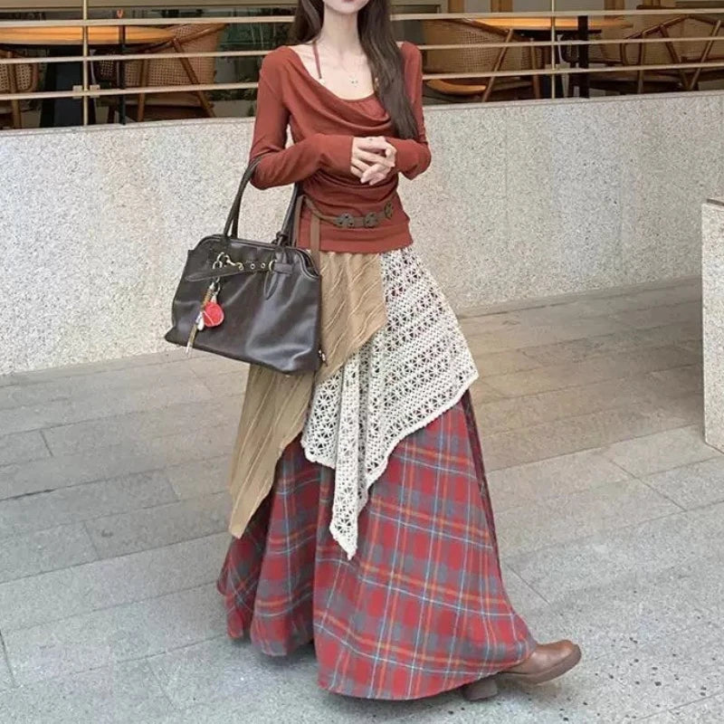 Hnewly Vintage Long Skirt Women Japanese Style Patchwork Plaid Skirts Harajuku Loose Street Casual Ruffle Skirts Aesthetics