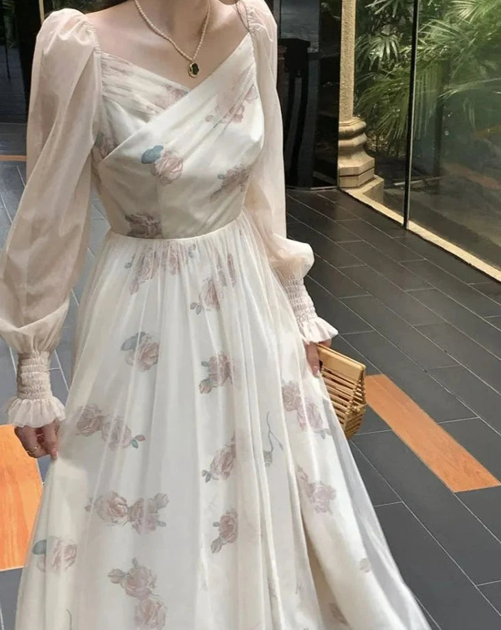 Hnewly Mesh Vintage Long Sleeve Midi Dress Women Casual Korean V-neck Long Fairy Dresses Elegant Women's Dresses for Party 2024 Spring